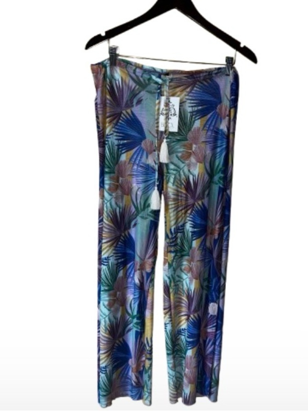 BECCA Tropical Swim Cover-Up with Teal, Blue & Yellow Leaf Print Side Slits